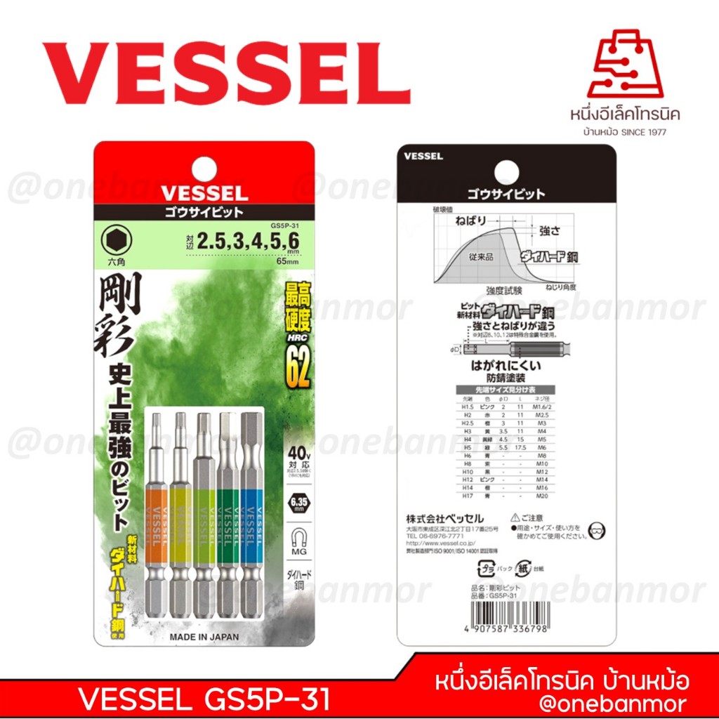 Vessel ชุดดอกไขควง 2.5-6 มิล แบบสั้น 5 ดอก No.GS5P-31 ของแท้ 100% @onebanmor