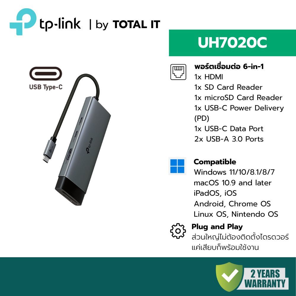 TP-Link UH7020C USB-C Hub 7-in-1 ต่อจอ 4K@60Hz ชาร์จ 100W PD มี SD Reader ประกันศูนย์