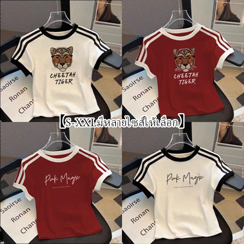 ฤดูร้อนใหม่เสื้อยืดฟอกคอกลมเสื้อเชิ้ตแขนสั้นลายทางขาวดำ พิมพ์ยอดนิยม ทรงสลิมฟิต แสดงผอม สาวอ้วนสวมใส่ แฟชั่นผู้หญิง