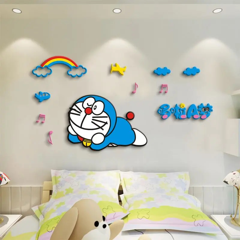 Doraemon กริ๊งเกิลแมว 3D สติกเกอร์ติดผนังสามมิติโรงเรียนอนุบาลห้องเด็กห้องนอนห้องข้างเตียงตกแต่งการ์ตูน