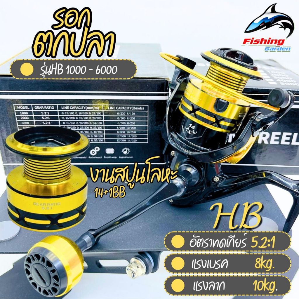 รอกตกปลาสปินนิ่ง สีทองตัดดำ สปินนิ่ง 5.2:1 รอกเบอร์HB1000-6000 ด้ามจับโลหะทรงกลม 14+1BB พร้อมส่ง