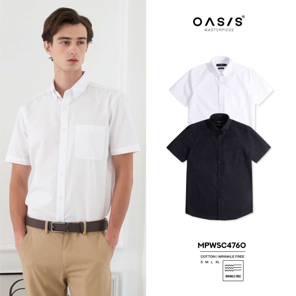 OASIS Masterpiece เสื้อเชิ้ต แขนสั้น ผู้ชาย ผ้าฝ้าย รีดง่าย wrinkle free สีขาว ดำ รุ่น MPWSC-4760