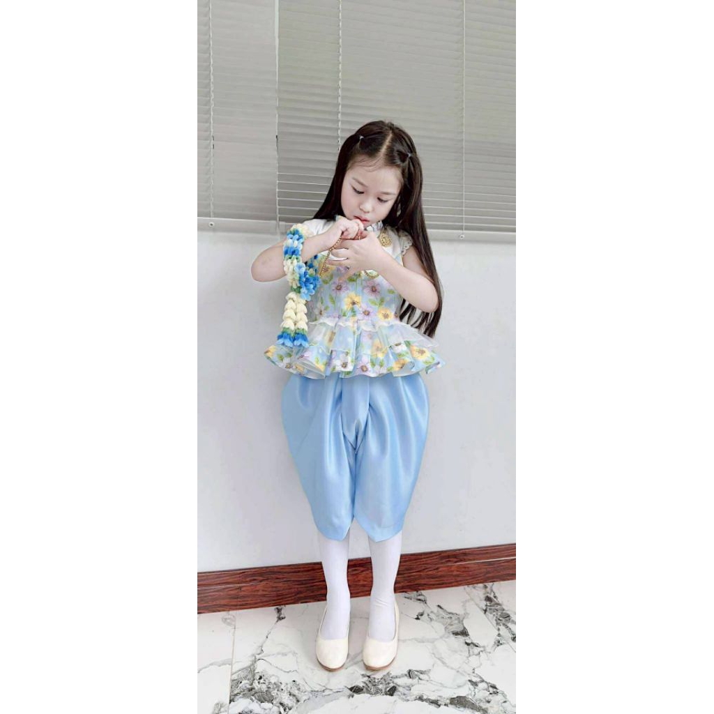 ชุดไทยเด็กหญิง2ชิ้น เสื้อลายดอกสีพาสเทลผ้าคอตตอน+โจงเอวสม็อคผ้าดัชเชสส์ วันแม่ ลอยกระทง