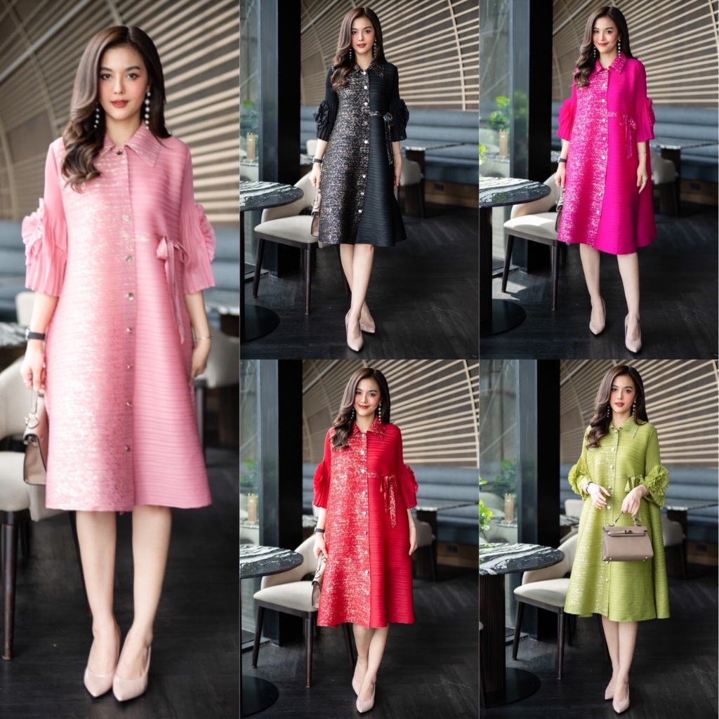 Cutie Minute PD01025 งานเดรสอัดพลีท Premium ดีเทลการจับแต่งที่แขนเป็นรูปดอกไม้