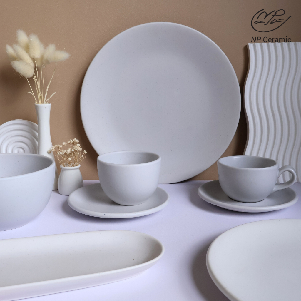 [ลดสูงสุด 80%] NP Ceramic จานเซรามิค จานเหลี่ยม ถาด เซ็ตสีเทา
