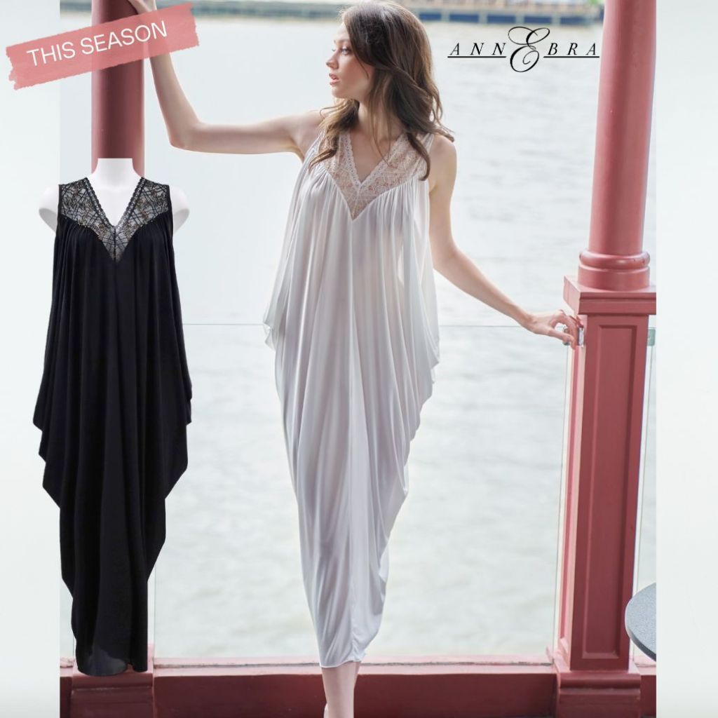 Annebra ชุดเดรสยาว ทรงหลวม ผ้า Syntrel แต่งผ้าลูกไม้ซีทรู Syntrel Drape Baggy Harem Maxi Dress รุ่น AN8-872