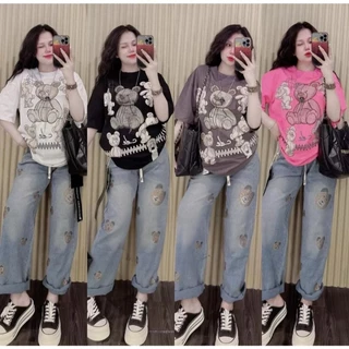 No.Set5590 ชุดเซ็ท2ชิ้น เสื้อแขนสั้น+กางเกงขายาว*ผ้ายีนส์เทียม* สกรีนลายหมีหลายตัว ชุดเซ็ท เสื้อผ้าแฟชั่น