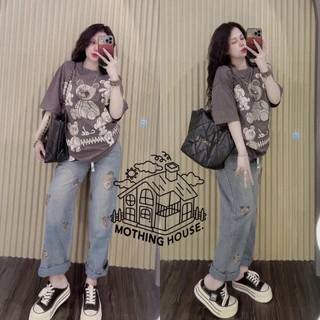 No.Set5590 ชุดเซ็ท2ชิ้น เสื้อแขนสั้น+กางเกงขายาว*ผ้ายีนส์เทียม* สกรีนลายหมีหลายตัว ชุดเซ็ท เสื้อผ้าแฟชั่น