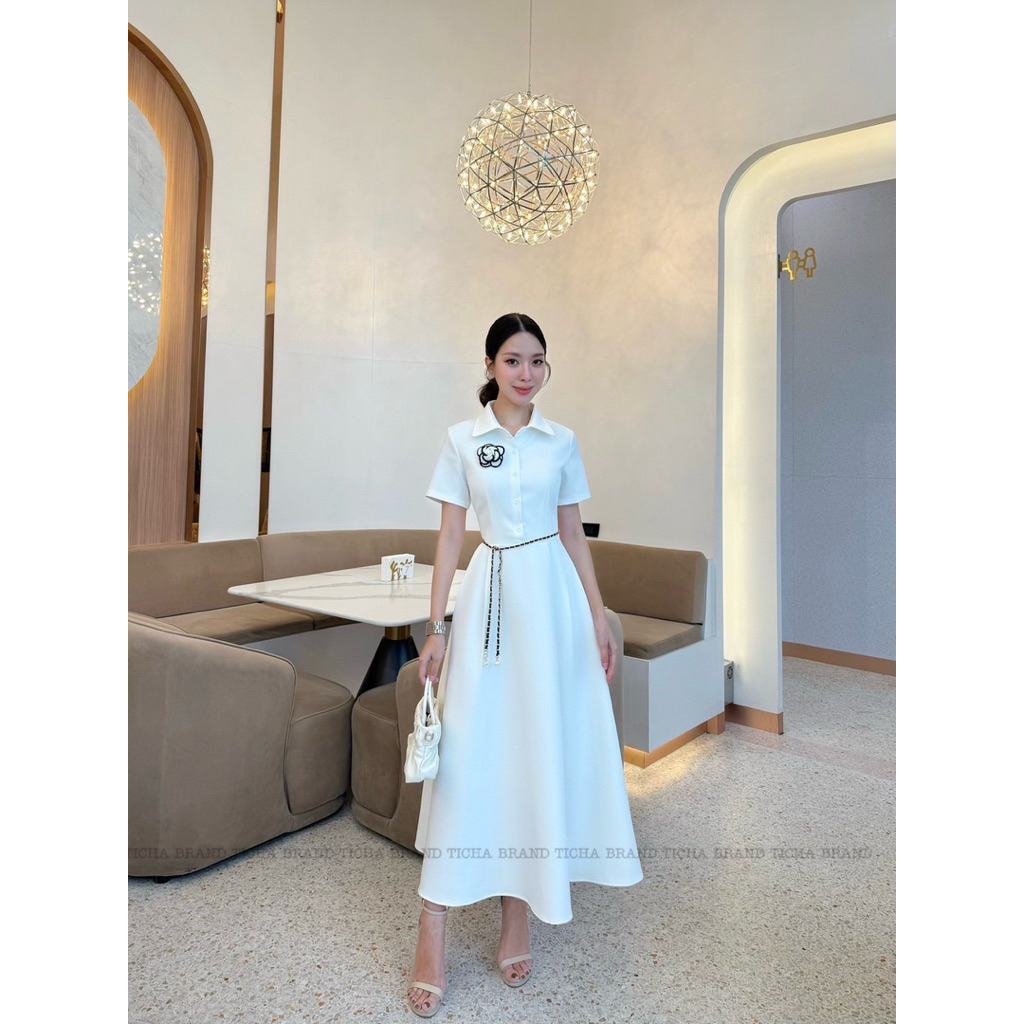 [Meena_shop] Ticha brand เซต 2 ชิ้น Maxi เดรสแขนสั้น คอปก