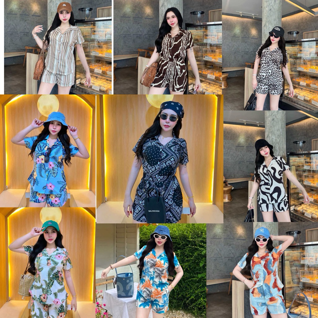 R49 ชุดเซ็ต2ชิ้น เสื้อเชิ้ตคอปก+กางเกงขาสั้น ลายลิซ่า