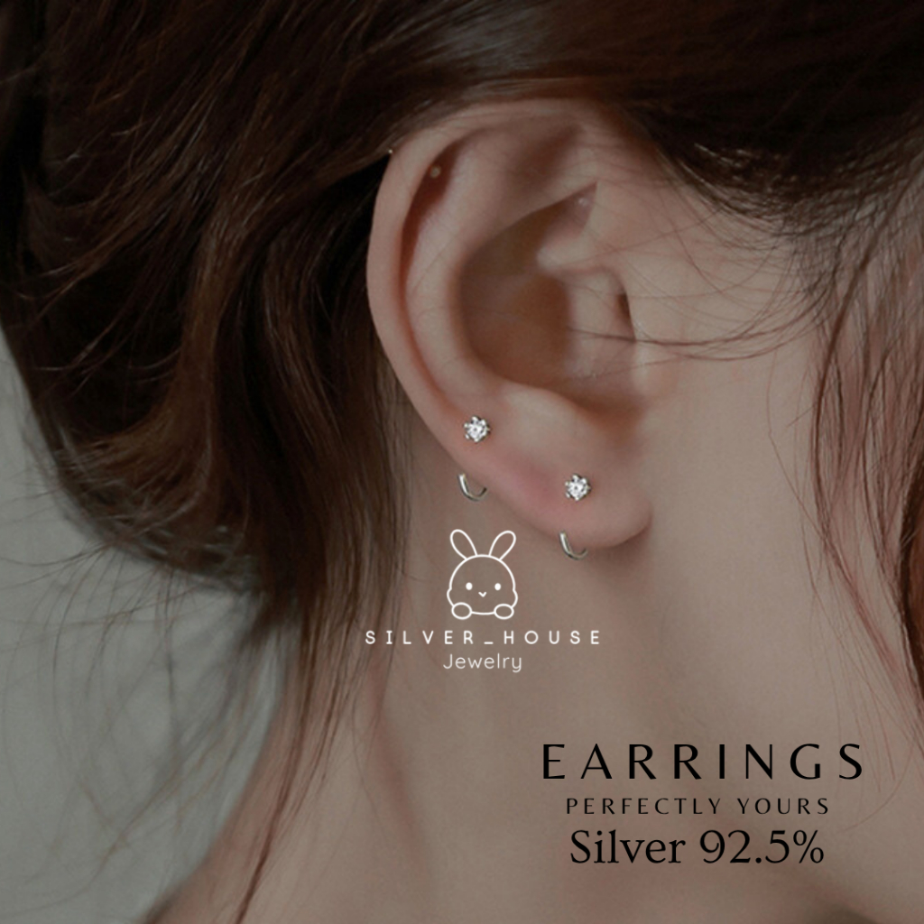 ต่างหูเงินแท้ 92.5% ต่างหูห่วงคล้องเพชร (3mm.) น่ารักมากๆ