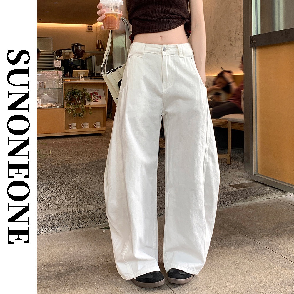 กางเกงยีนส์ขาบาน สีขาว มีดีไซน์ ทรงโค้ง ผู้หญิง ฤดูร้อน  ดูผอม น้ำหนักดี