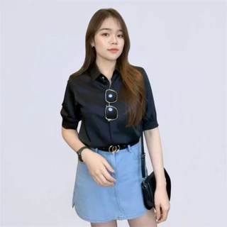 D016 เสื้อเชิ้ตผ้าซาตินพรีเมี่ยมแขนสั้น งานซ่อนกระดุม แต่งกระดุมเพชร มี 10 สี งานพร้อมส่ง