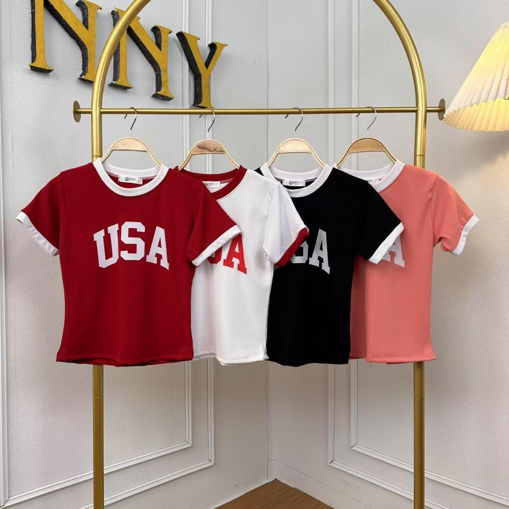 เสื้อยืด เสื้อเข้ารูป เสื้อรัดรูป สกรีนลายแน่นๆ พร้อมส่ง ผ้ายืดได้เยอะมาก สกรีนUSA รุ่น แครอททูโทน U