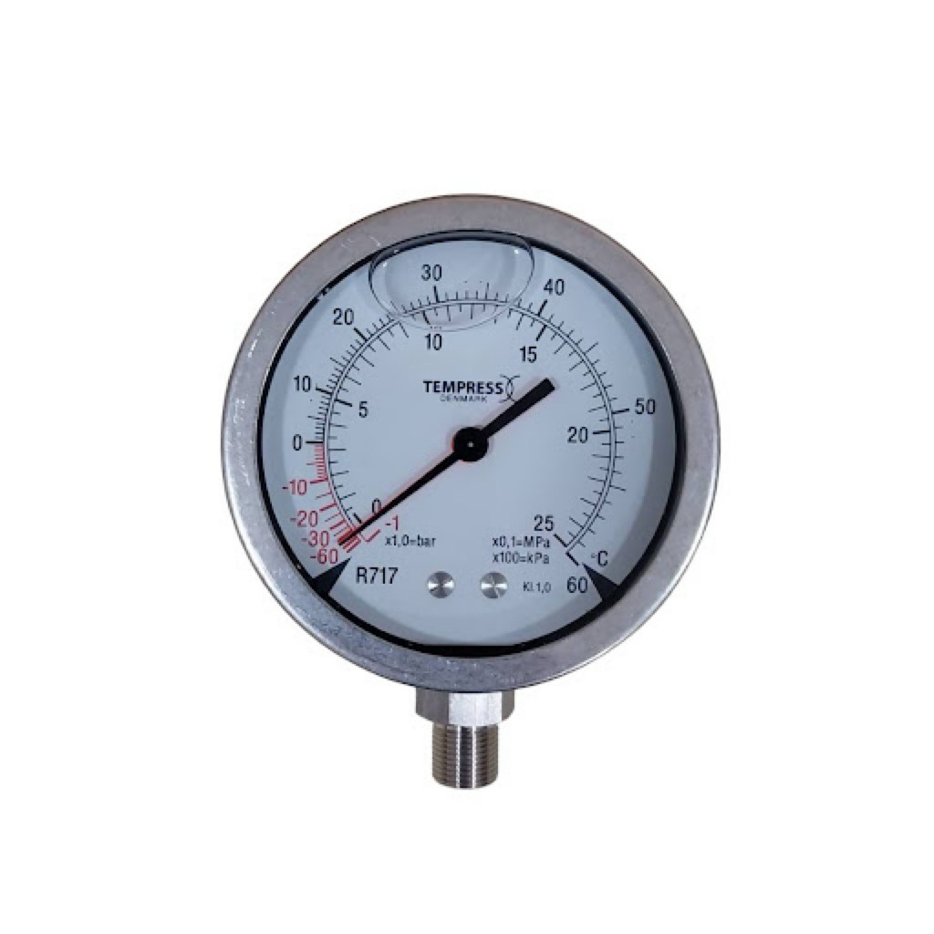 TEMPRESS Pressure Gauge 4” for Refrigerant R717(Ammonia) -1 to 25Bar/Psi Bottom