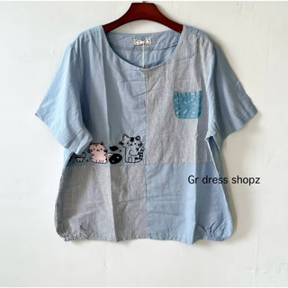 ป้าย SHENG ZI เสื้อคอกลมแขนสั้นปักลายน่ารัก ๆ อก 46 นิ้ว ยาว 25 นิ้ว