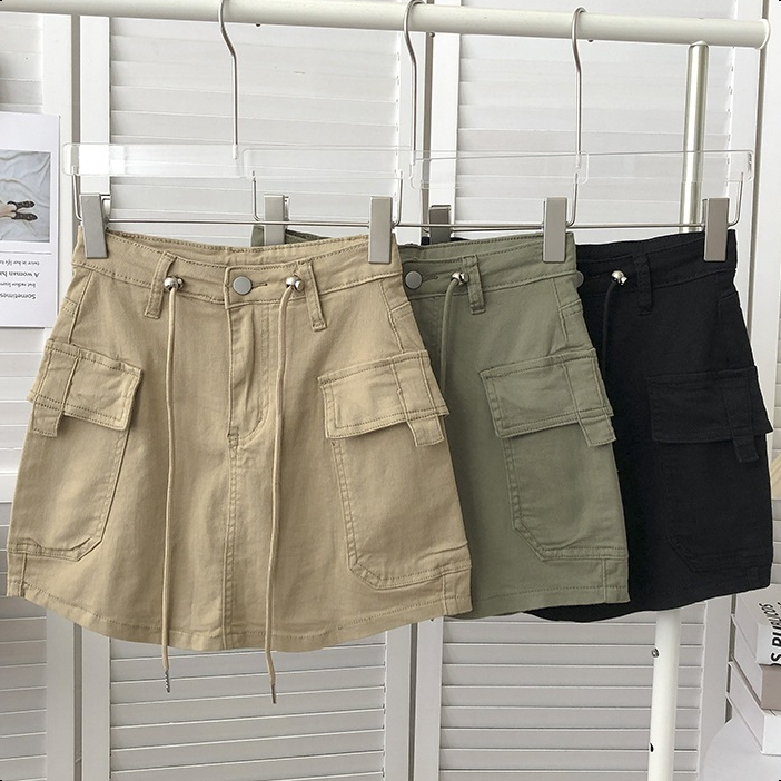 S-6XL กระโปรงยีนส์เอวสูง คาร์โก้ y2k สายเป็นเชือกรูด ทั้งน่ารักและเท่ มีซับในในตัว