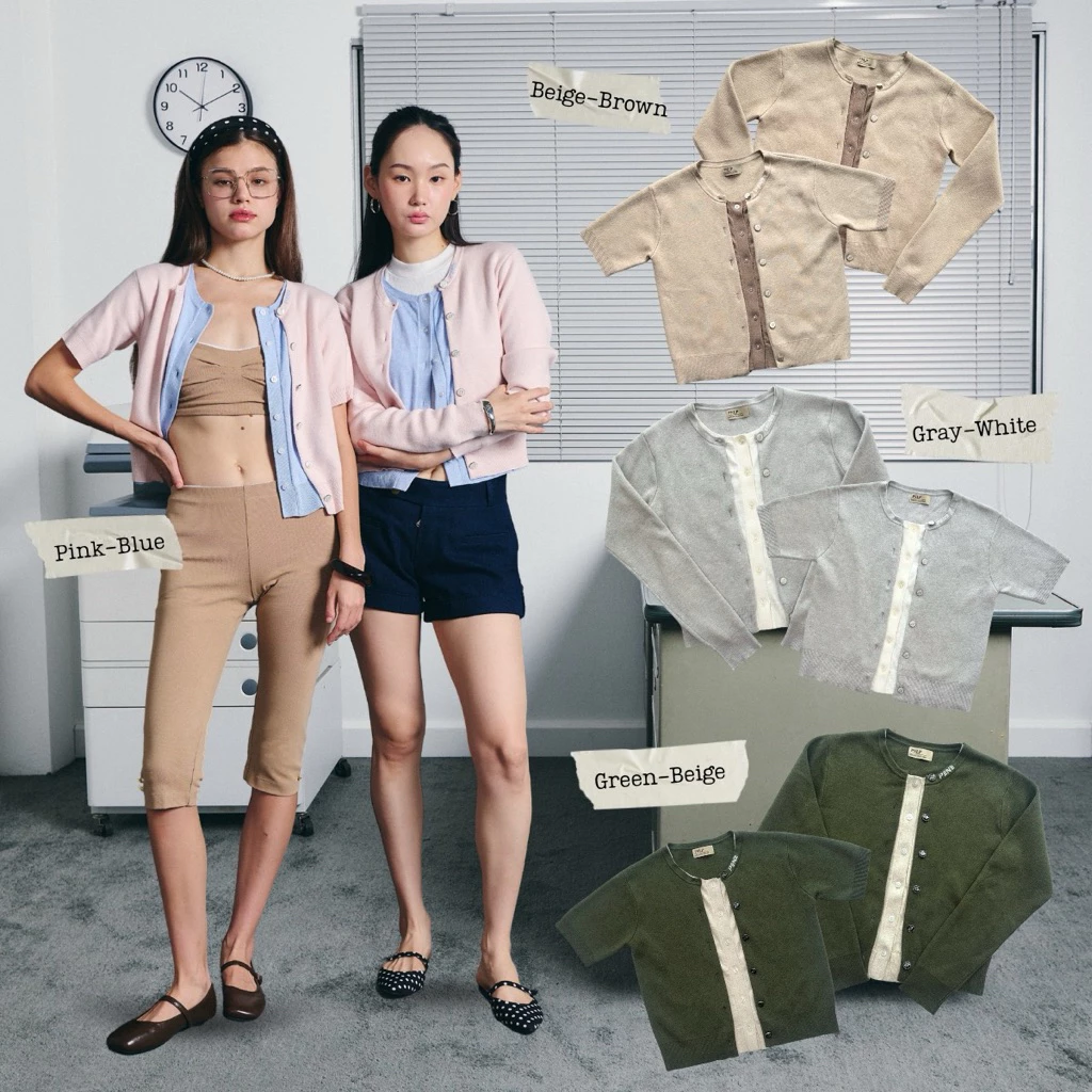 KOKO KNIT CARDIGAN (pink-blue•green-beige•grey-whit•beige-brown)(แขนสั้นสีเทาS(แขนยาวสีเบจS(แขนยาวเขียว พร้อมส่ง)S