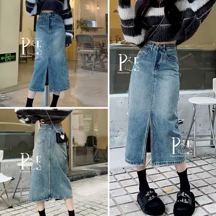 กระโปรงยีนส์ยาว เอวสูง ผ่าหน้า กระโปรงยาวสไตล์เกาหลี Clothing Lady