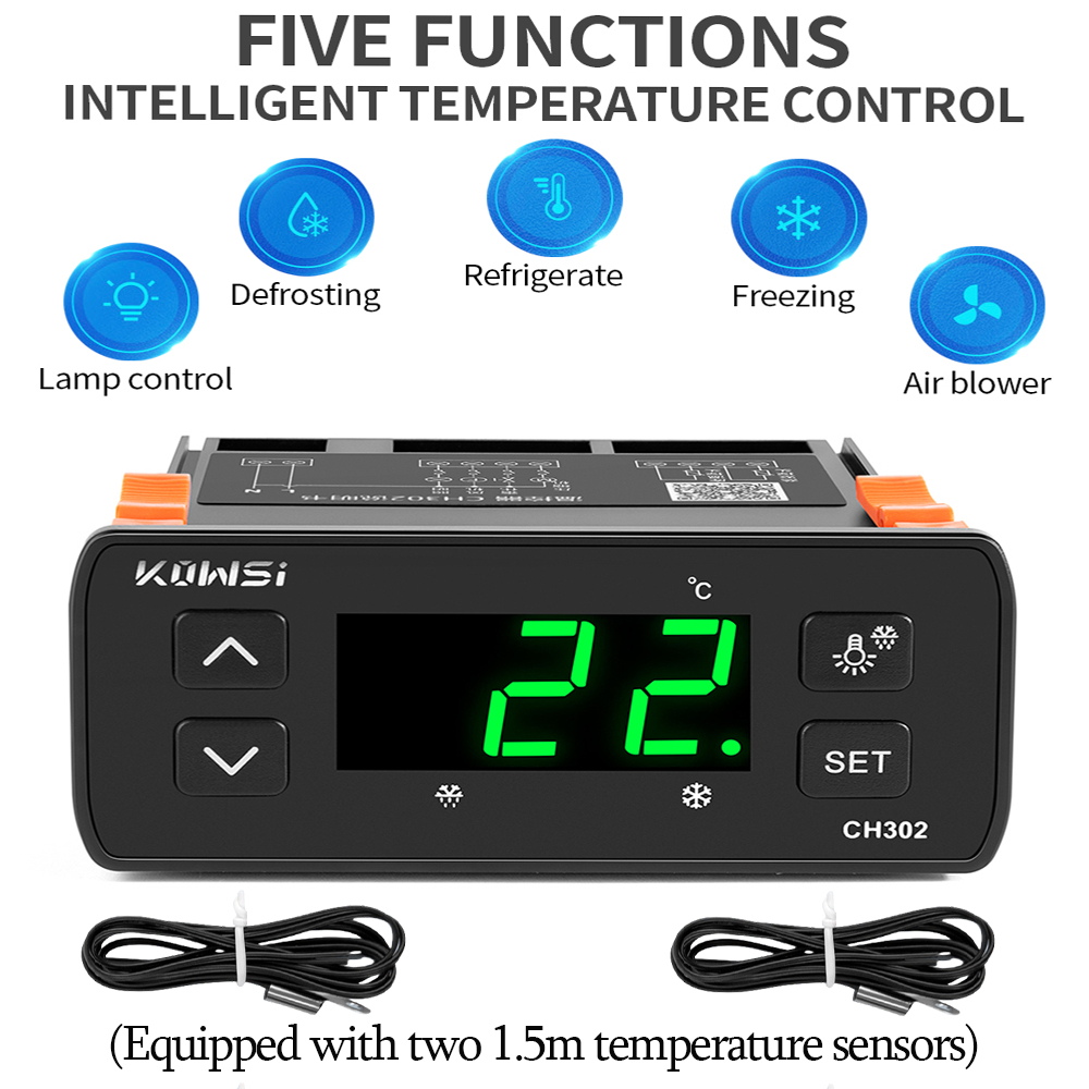 เทอร์โม KWS-CH302 AC110V-220V เทอร์โมสตัทควบคุมอุณหภูมิตู้เย็นละลายน้ำแข็งด้วยเซ็นเซอร์ NTC คู่