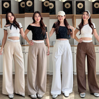 กางเกงทรงขากระบอกงานเอวกลาง ดีเทลแต่งขอบเอวลูกไม้ ซิปหลัง🍪🥞🫧