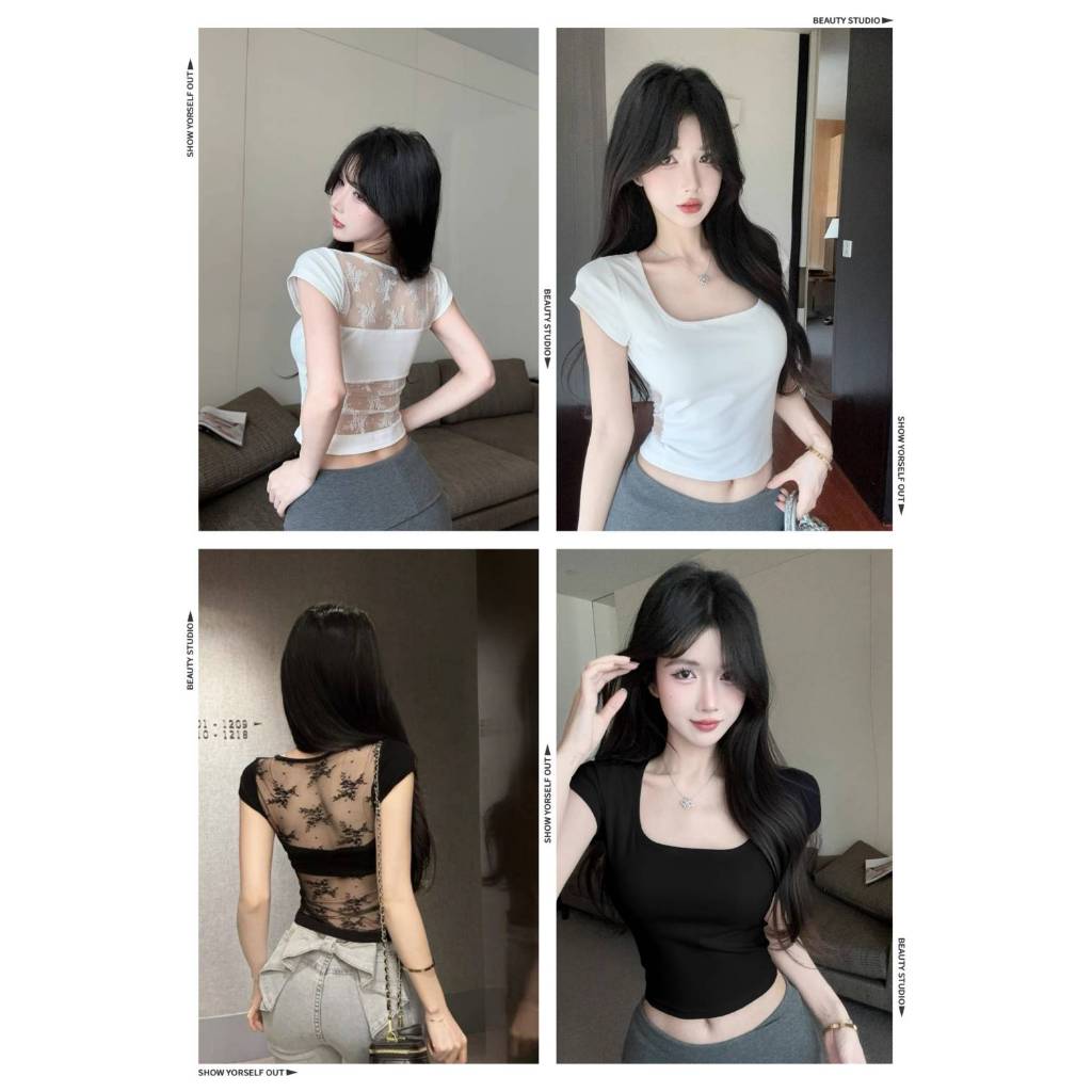 B-312 เสื้อยืดแขนสั้นรัดรูป เสริมฟองน้ำในตัว nobra ดีเทลหลังลูกไม้ คอยู ใส่สบาย