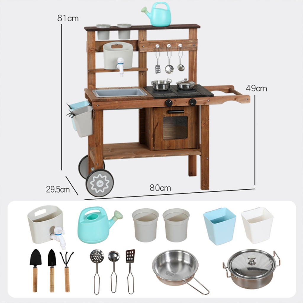 ครัวไม้เด็ก ชุดครัว ชุดเชฟ ของเล่นไม้ Outdoor multifunctional cooking and gardening set with roller - รูปที่ 5