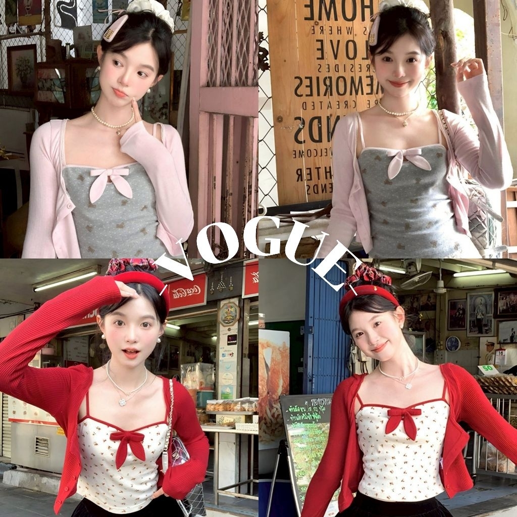 Vogue🌟พร้อมส่ง🌟เสื้อเกาะอกลายหมีลายดอกน่ารัก พร้อมแผ่นหน้าอก กระชับรูปตัวและดูผอมเพรียว(FY3525)
