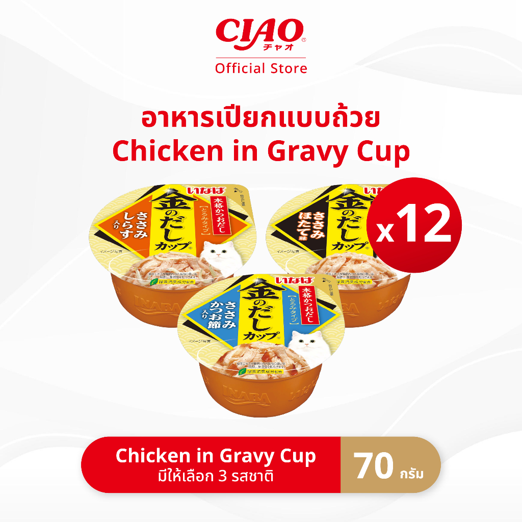 CIAO อาหารเเมวชนิดเปียก เนื้อสันในไก่ในซุปเกรวี่ เเบบถ้วยพลาสติก 70 กรัม/ถ้วย (12 ถ้วย) - IMC-145/IMC-146,IMC-147