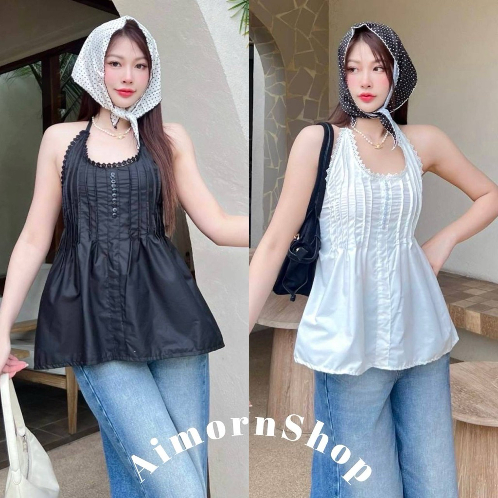 aimorn_shop เสื้อคล้องผูกคอ คอแต่งลูกไม้ จับจีบช่วงอก แต่งกระดุม งานใส่น่ารักมากก