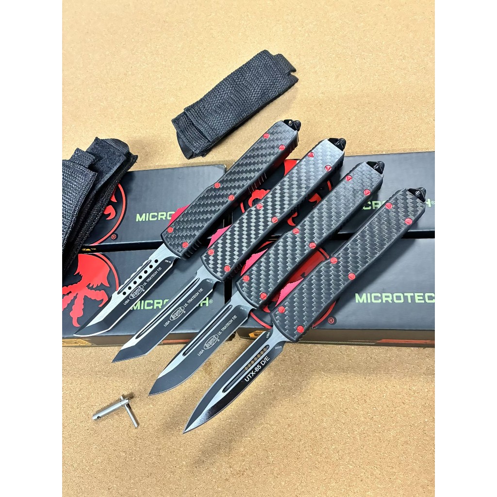 Microtech ไมโครเทค UTX-85 แผ่นคาร์บอนประสาน  ขอบตัด: M390 ความแข็ง: 60HRC วัสดุก้าน อลูมิเนียม T6061