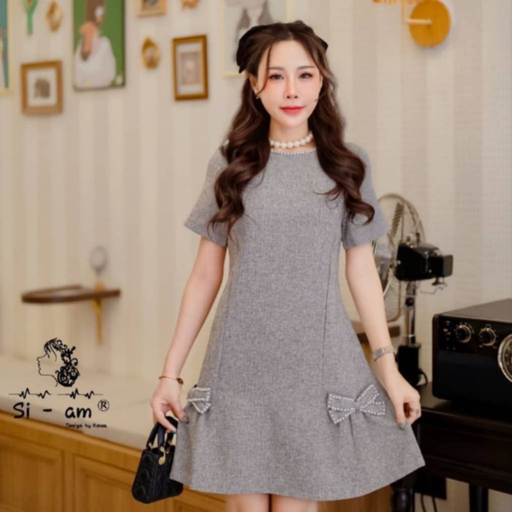 BNSS057💖 มี M,L,XL,3XL (ปกติ) เดรสผ้าทอแต่งโบว์