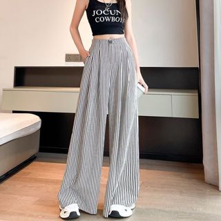 กางเกงลายทาง กางกงทรงกระบอก ทรงหลวมๆ เอวสูง สไตล์เกาหลี ใส่ไ…