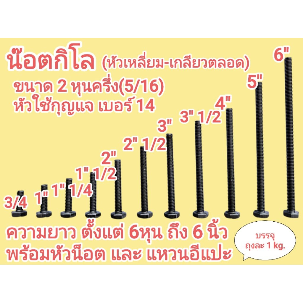 น็อตกิโล หัวเหลี่ยม เกลียวตลอด 5/16 (2หุนครึ่ง)+หัวน๊อต+แหวนอีแปะ หัวใช้กุญแจ #14 ยาวตั้งแต่ 6หุน ถึง 6" ขายถุงละ 1kg.