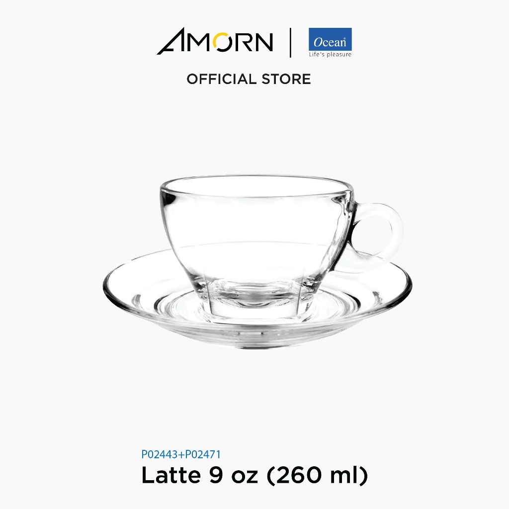 AMORN - (Ocean) P02443 Latte (260 ml) + P02471 - เซตคู่แก้วพร้อมจานรอง แก้วกาแฟลาเต้ ขนาด 9 ออนซ์ + จานรอง 5 3/4 นิ้ว