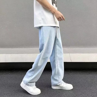 กางเกงยีนส์ยาวชาย ทรงกระบอกเอวสูง ใส่สบาย เอวยางยืด ปรับเอวด้วยเชือก เท่ๆเข้ากับทุกแนว 5สี ฟ้าอ่อน ดำ ยีนส์ เทา