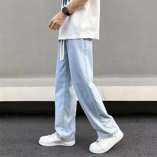 กางเกงยีนส์ยาวชาย ทรงกระบอกเอวสูง ใส่สบาย เอวยางยืด ปรับเอวด้วยเชือก เท่ๆเข้ากับทุกแนว 5สี ฟ้าอ่อน ดำ ยีนส์ เทา