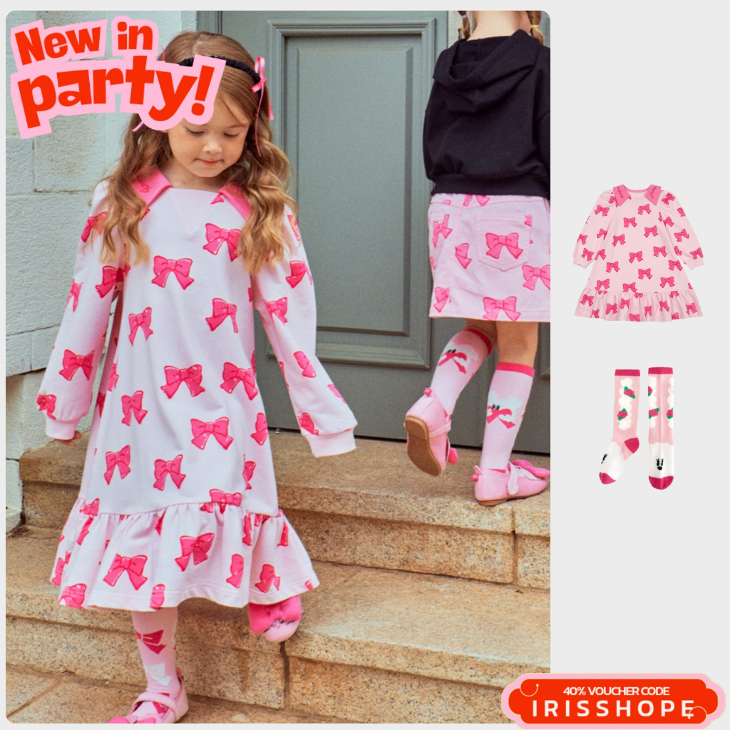 「สินค้าลิขสิทธิ์แท้」IRIS KIDS 25 autumn Bebe series IKD33032 Bow pink dress เสื้อผ้าสไตส์เกาหลี ผ้า