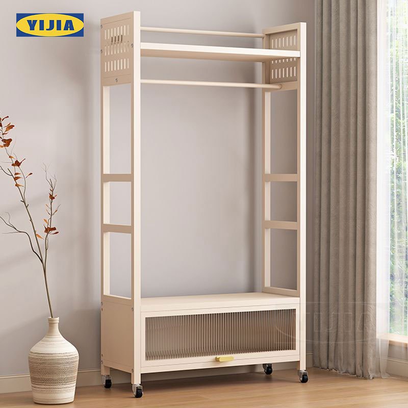 YIJIAราวแขวนผ้า ตู้เก็บของ ตู้เก็บเสื้อผ้าที่มีราวแขวนเสื้อผ้า ประตูตู้กันฝุ่น เหล็กคุณภาพสูง แบบมีล้อเลื่อน