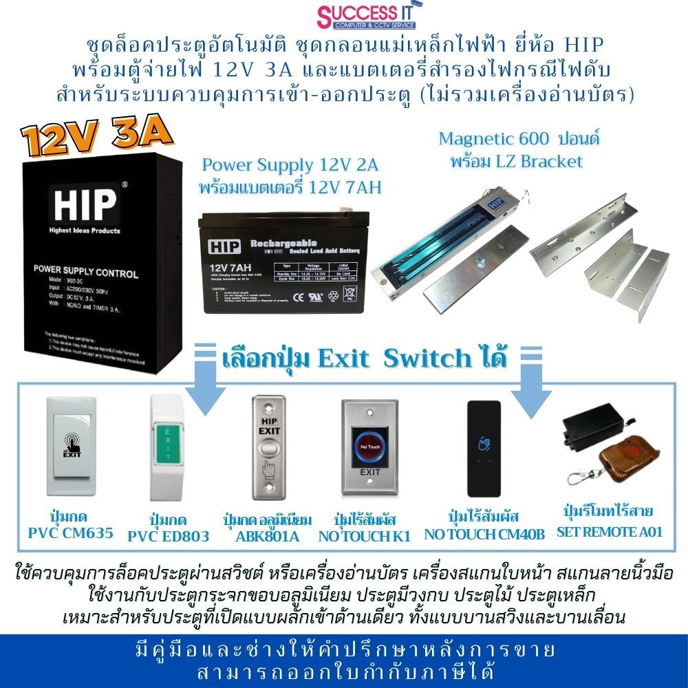 HIP ชุดล็อคประตูอัตโนมัติ ชุดกลอนแม่เหล็กไฟฟ้า พร้อมตู้ Power Supply 12V 3A มีแบตเตอรี่และปุ่ม Exit