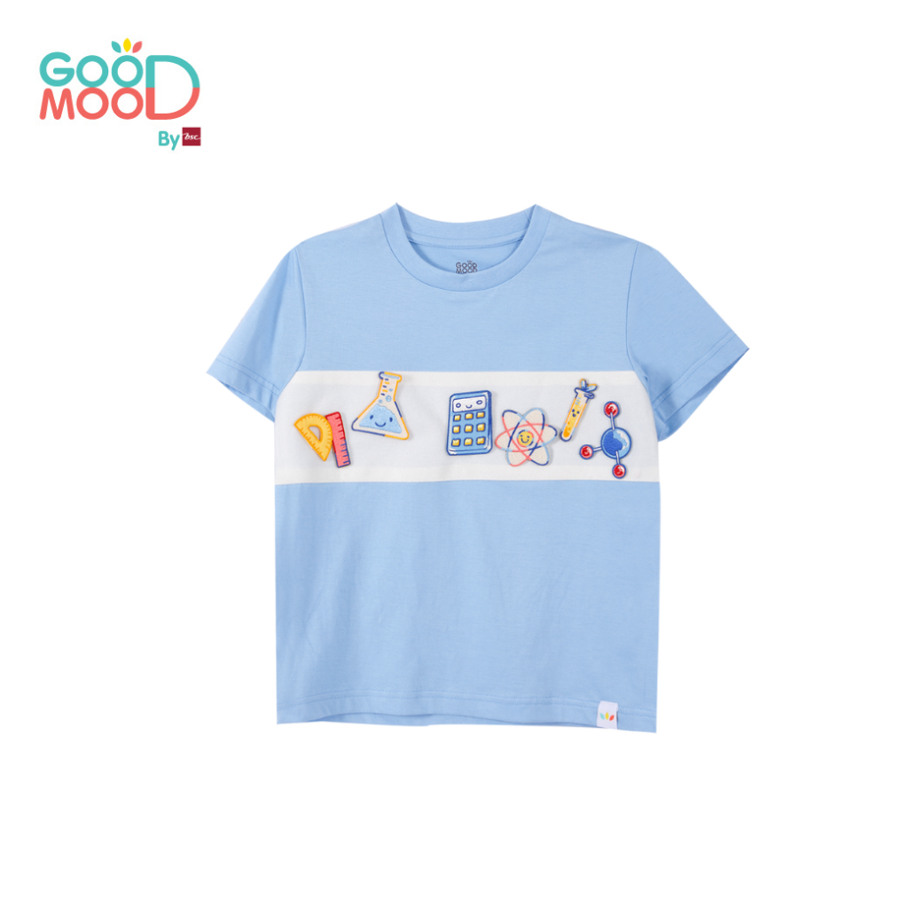 Good Mood by bsc เสื้อยืดคอกลม แขนสั้น สีฟ้า + PATCHES  6 ชิ้น สำหรับเด็กอายุ 2-3 ปี ผ้าคอตตอน