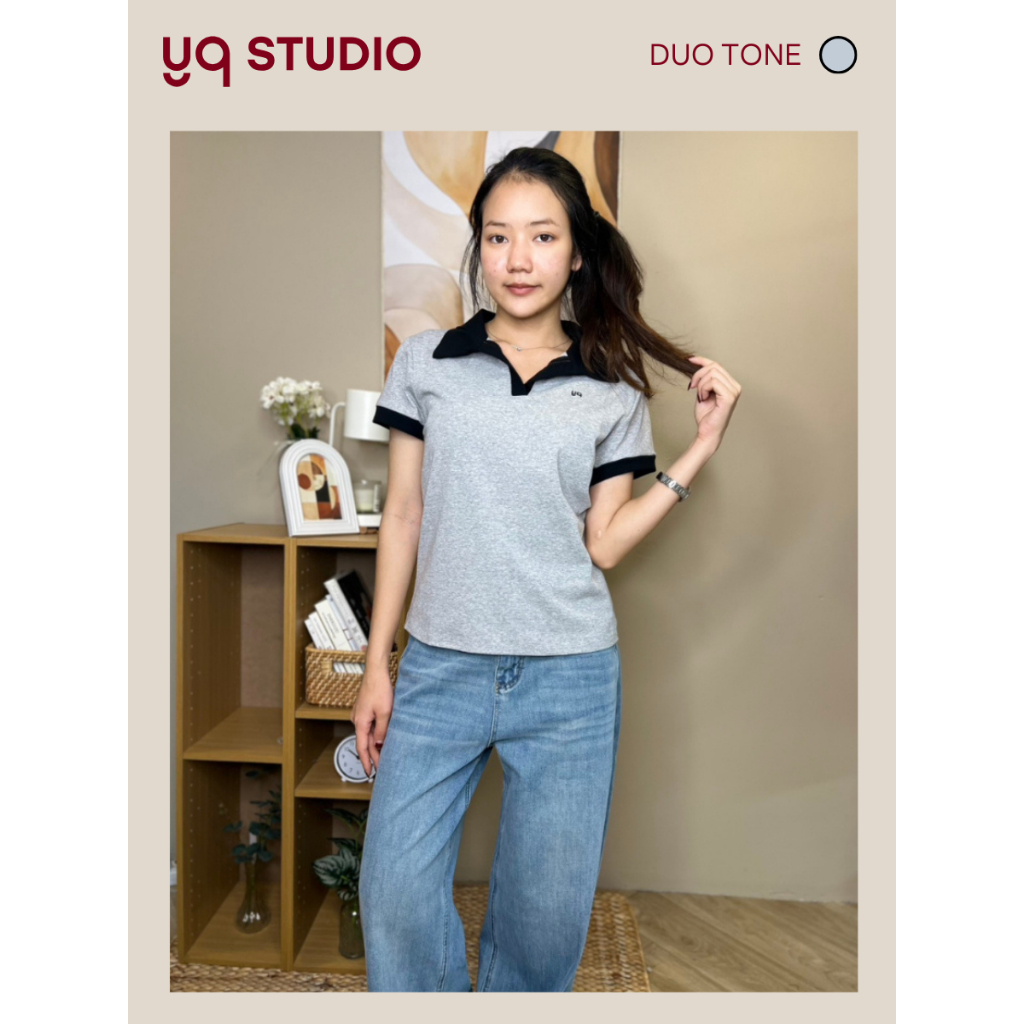 MG398 YQ KOREAN SHOP "เสื้อโปโลสีเทาปกดำ ปักYQ ป้ายYQ