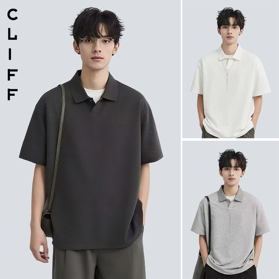 CLIFFคอเป็นคอปอลเสื้อยืดชายสไตล์มินิมอล ความเป็นสากล สีเทา