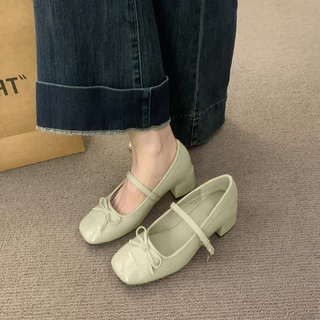 สวยงามไม่ซ้ำใครรองเท้าแมรีเจนผูกโบว์ส้นหนาส้นกลางสายเดี่ยวสง่างามเข้ากับทุกชุดเสริมความมั่นใจ
