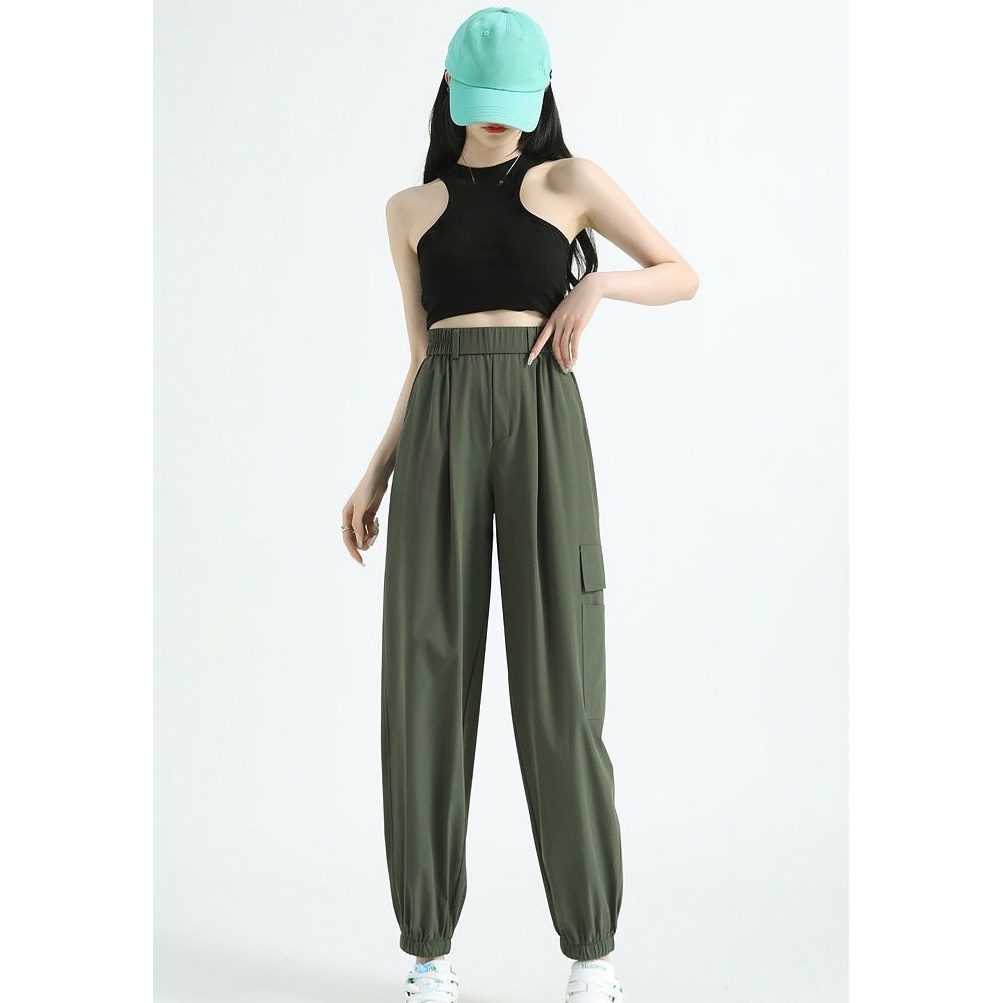 ผู้หญิง ไม่เป็นทางการ กางเกงคาร์โก้ขายาว หลวม ยืดหยุ่น หลวม ตรง เกาหลี สตรีทสไตล์ พระราชวัง กางเกงคาร์โก้ผู้หญิง