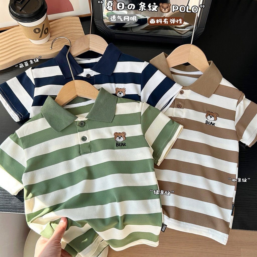ส่งไวในไทย🇹🇭 เสื้อโปโลเด็กผู้ชายปกลาย ลายทางสี ลายปักน่ารัก
