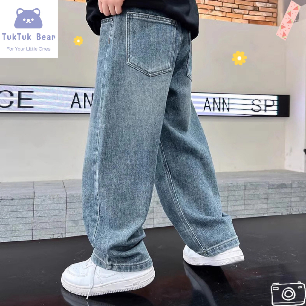 กางเกงยีนส์เด็กเอวยืด ผ้ายีนส์นุ่ม ขายาว ไซส์ 120-160 พร้อมส่ง