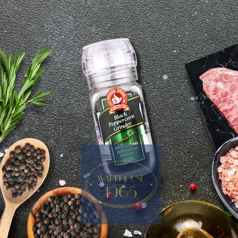 (35 g) พริกไทยดำเม็ด ฝาบด เติมได้ ตรามือที่ 1 ง่วนสูน Nguan Soon Black Peppercorn in Pepper Mill