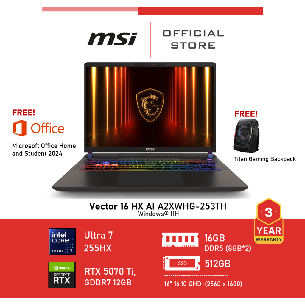 [Pre-Order] MSI Vector 16 HX AI A2XWHG-253TH (NVIDIA® GeForce RTX™ 5070 Ti Laptop GPU, GDDR7 12GB)