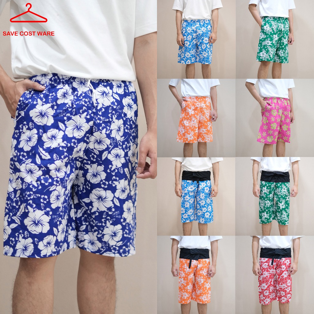 กางเกงขาสั้น 3 ส่วน Hawaiiลายดอกไม้ (แบบเอวยางยืดและสะดอเอวผูก) ทรงหลวม ผ้าเบาบาง ใส่สบาย